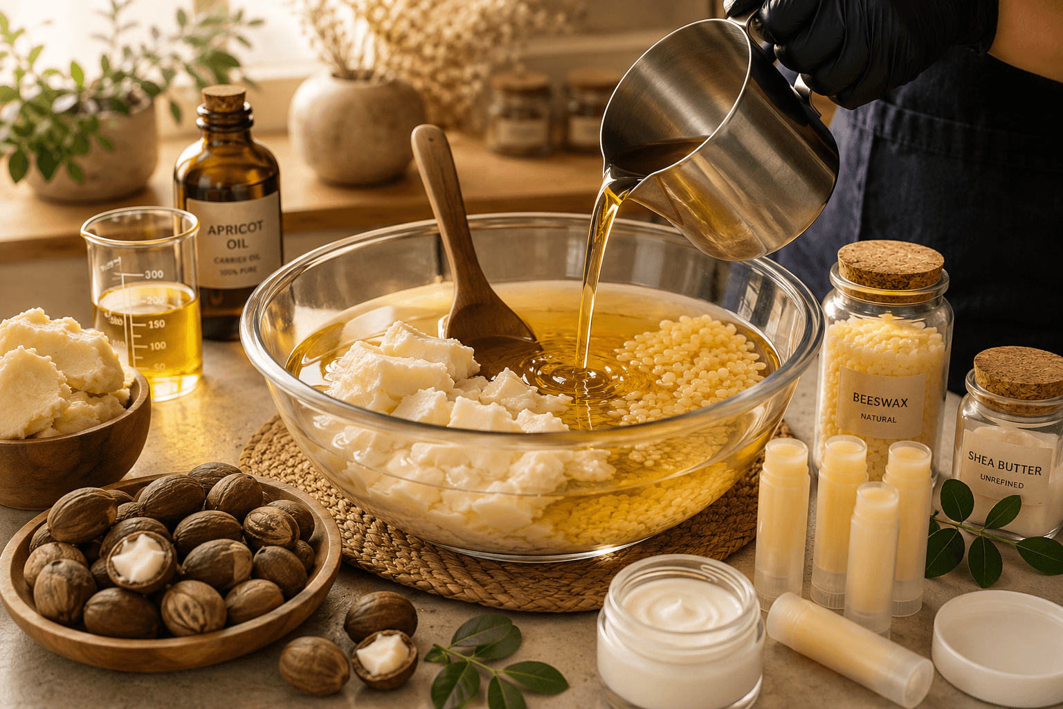 Golden oils being poured during BennyBee small-batch skin care production.
