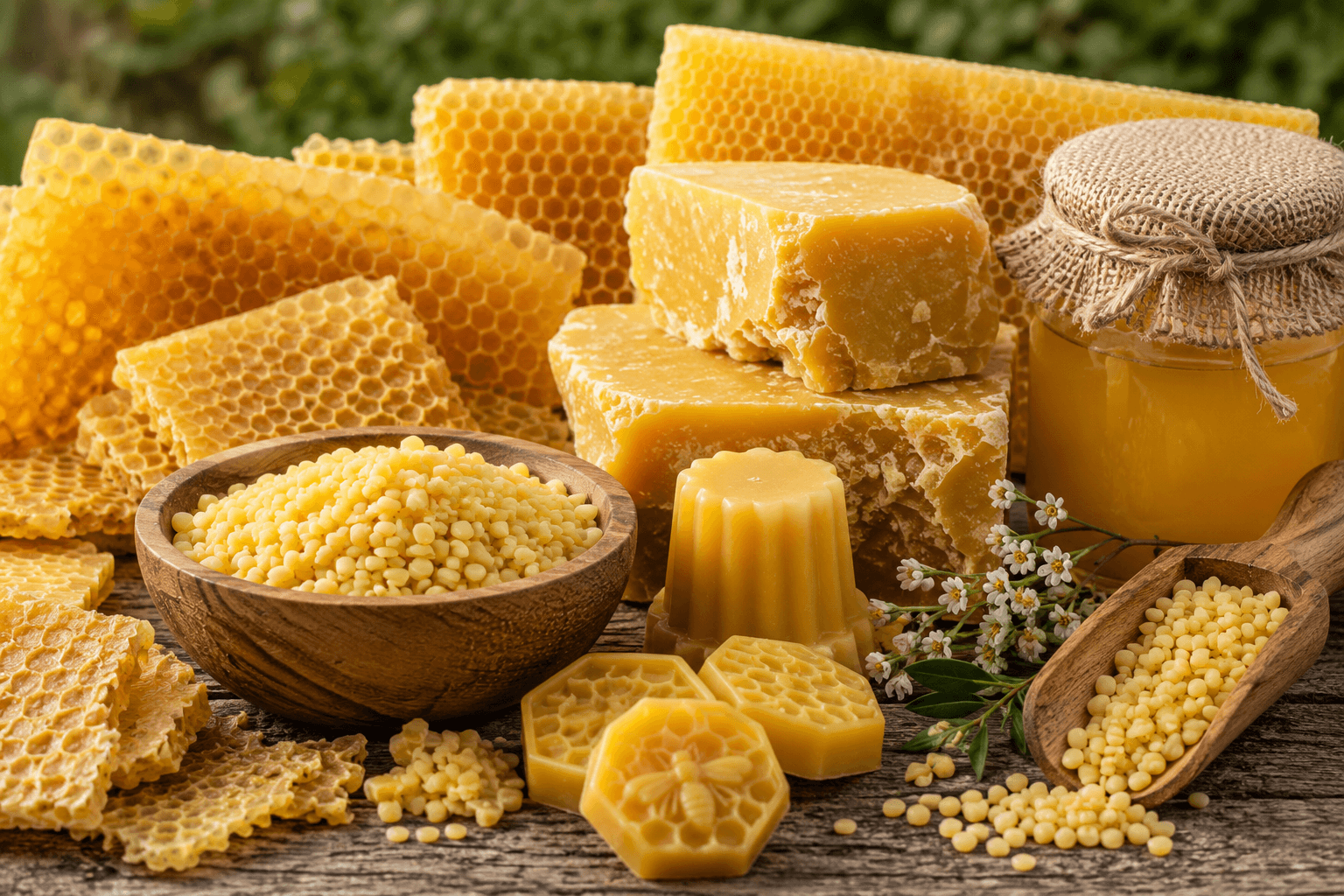 Beeswax and natural ingredients photographed for BennyBee skin care.