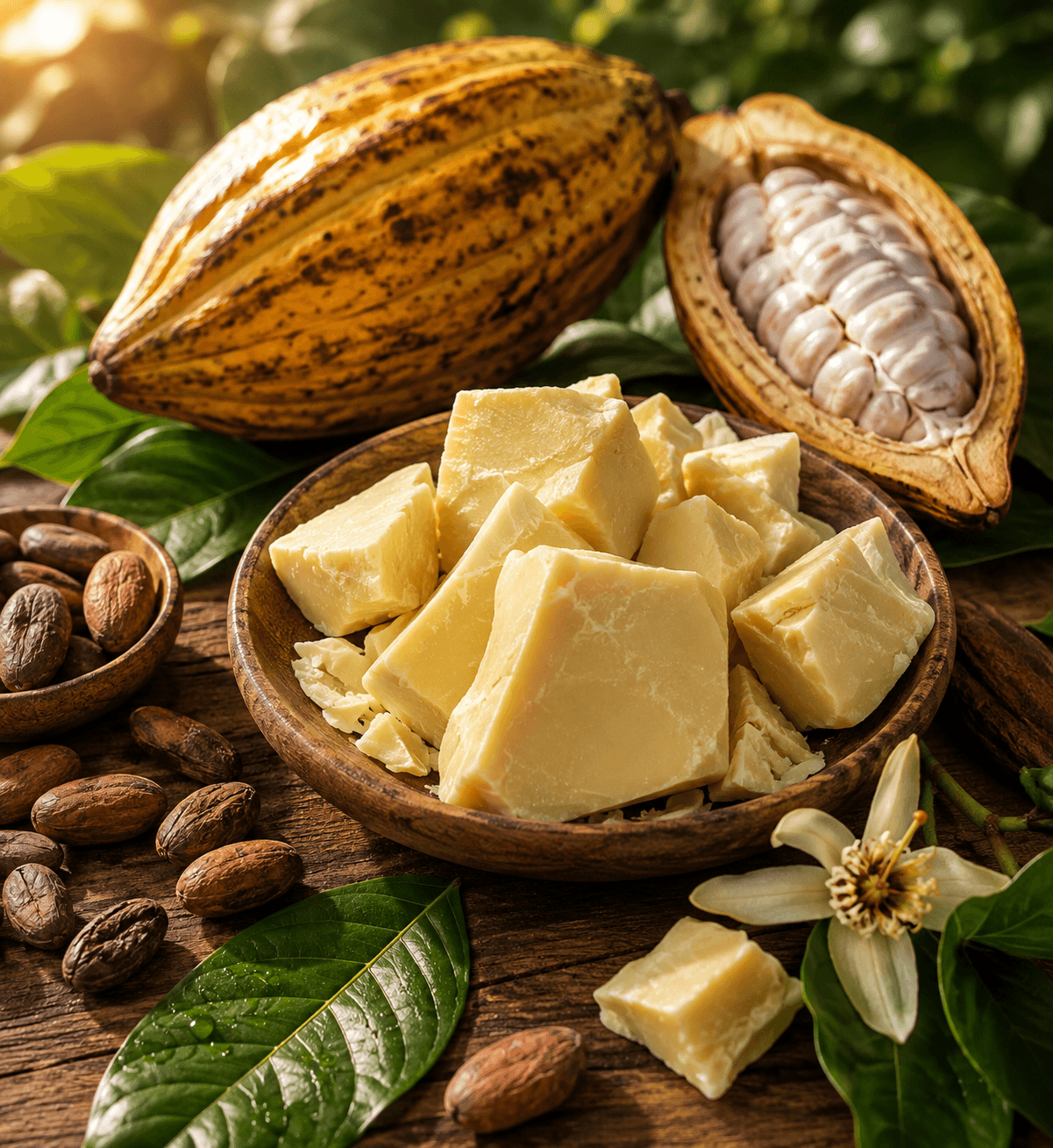 Pieces of cocoa butter on a warm neutral surface.