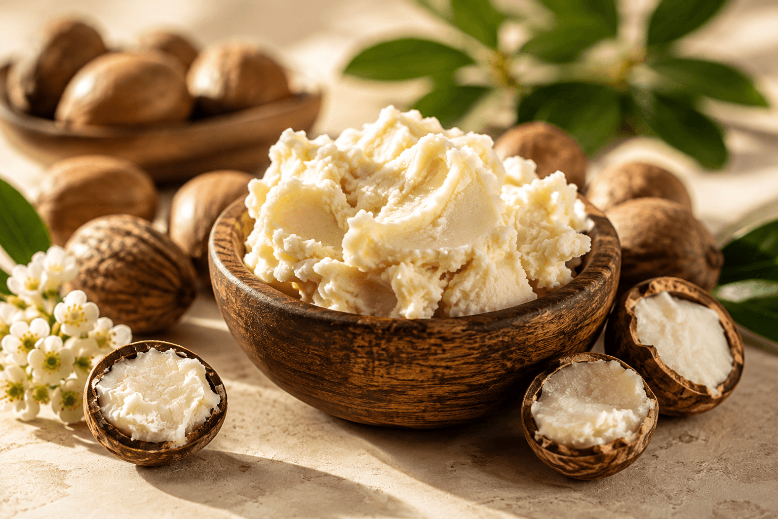 Raw shea butter photographed on soft natural fabric.