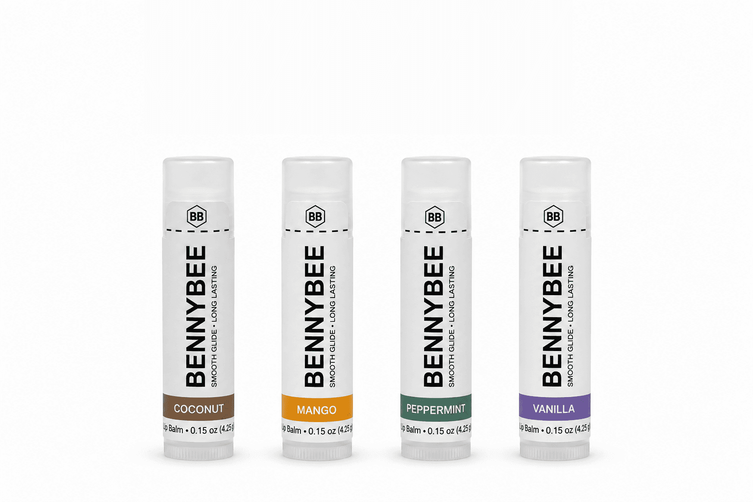 Finished BennyBee lip balms arranged as a starter set.