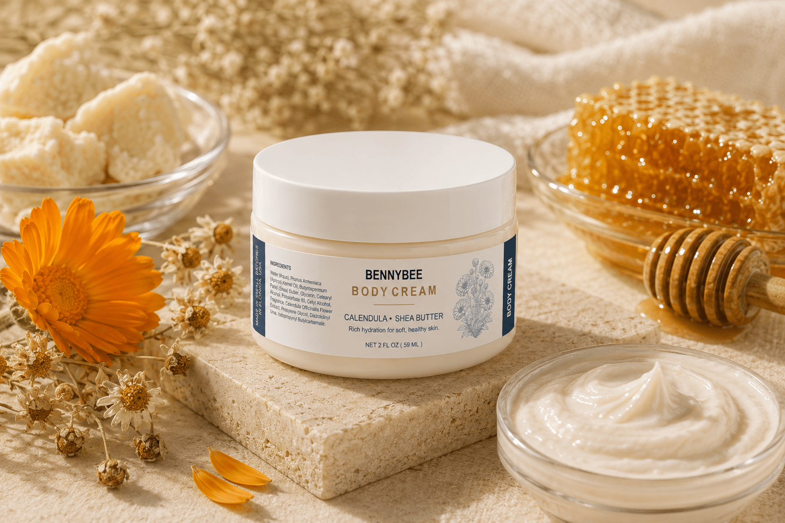 BennyBee Body Cream with shea butter and nourishing botanicals.