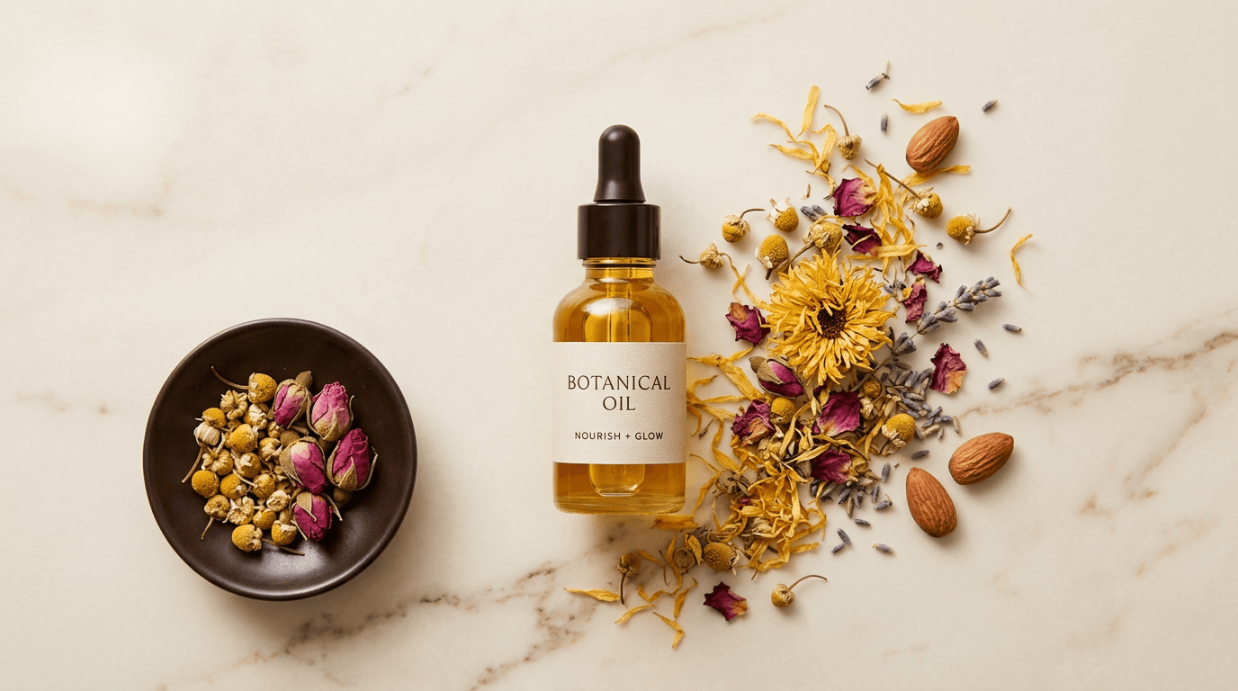 Botanical oil and dried flowers arranged for BennyBee ingredient storytelling.