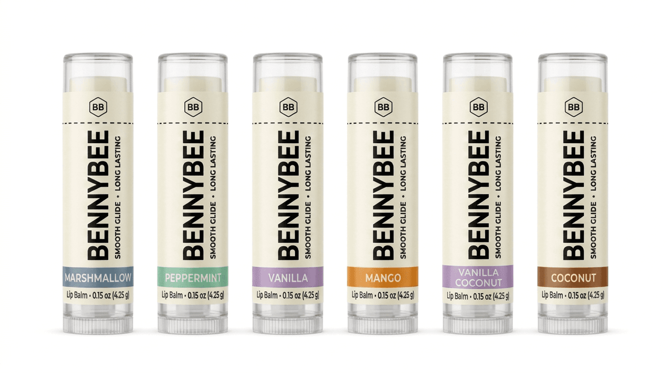 A lineup of BennyBee lip balms on a clean white surface.