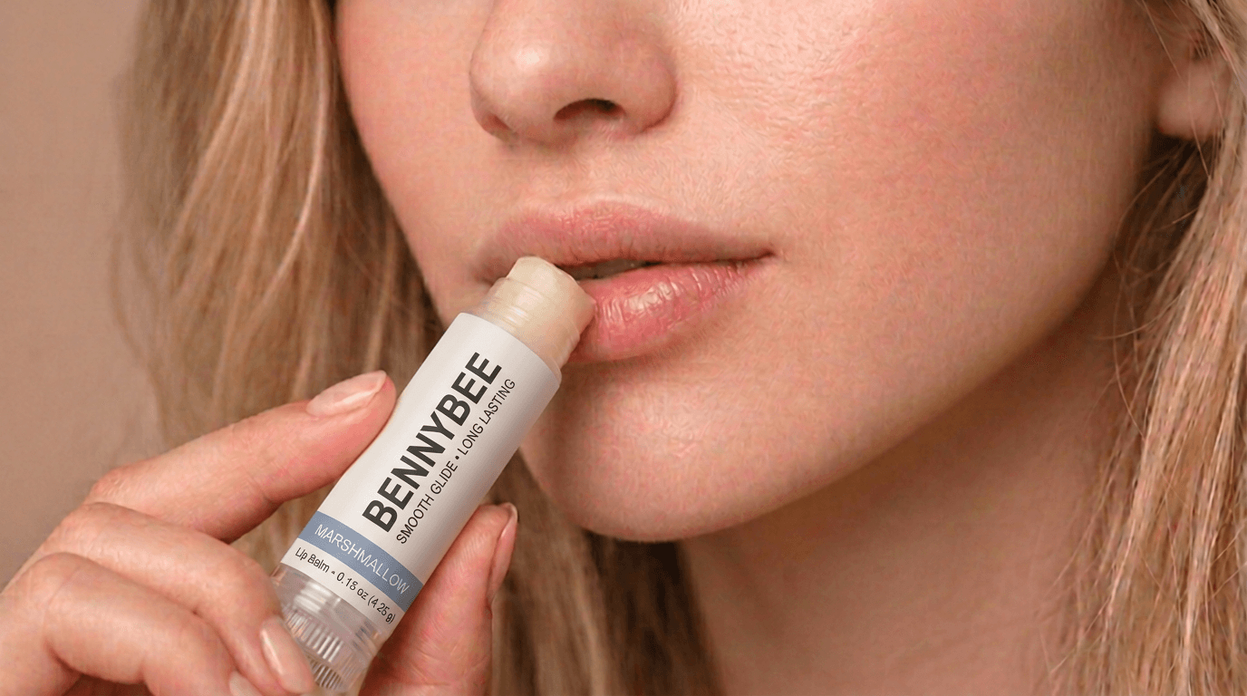 BennyBee Marshmallow Lip Balm in a warm lifestyle setting.
