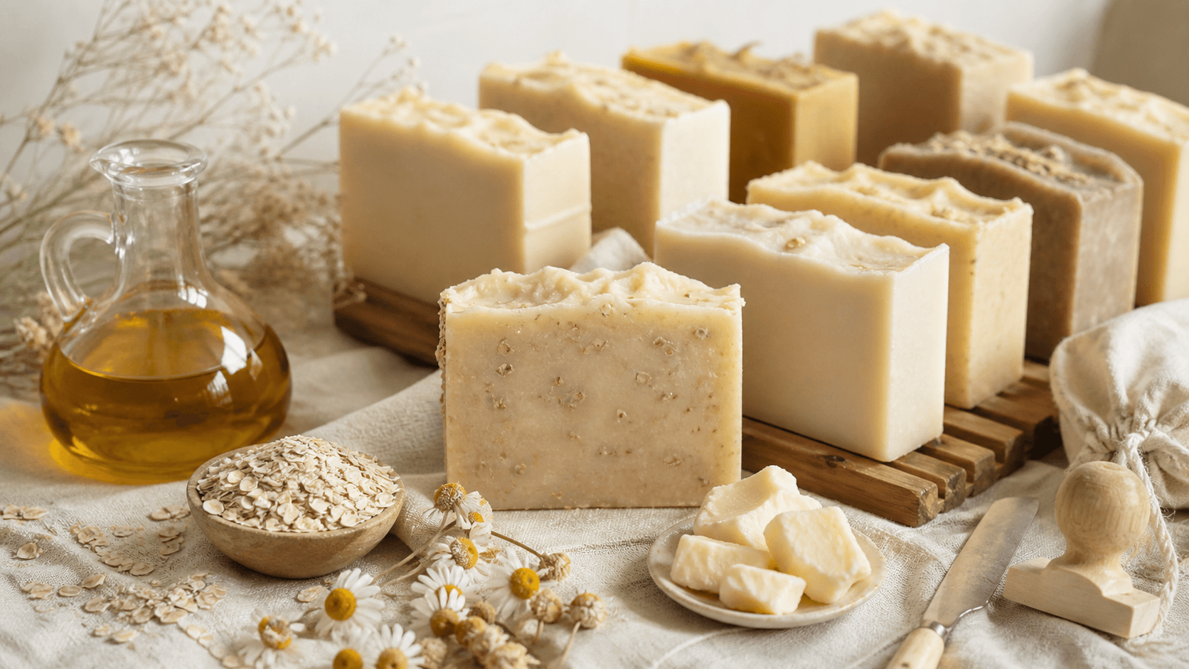 BennyBee handmade soap bars with olive oil, shea butter, oatmeal, and chamomile.