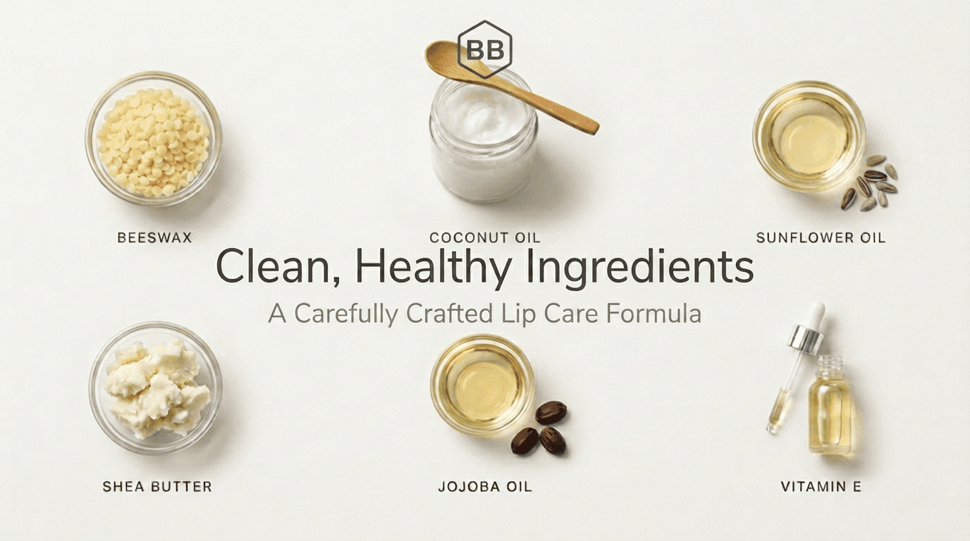 BennyBee ingredients arranged for a balanced lip and skin care formula.