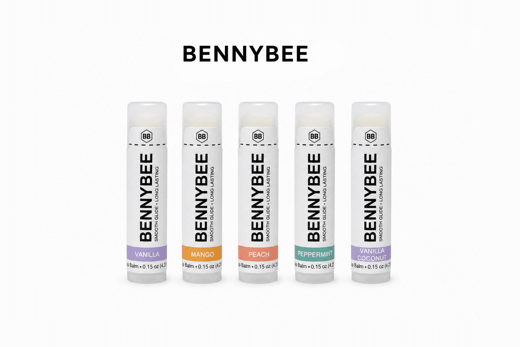 Five BennyBee lip balms in a clean lineup: Vanilla, Mango, Peach, Peppermint, and Vanilla Coconut.