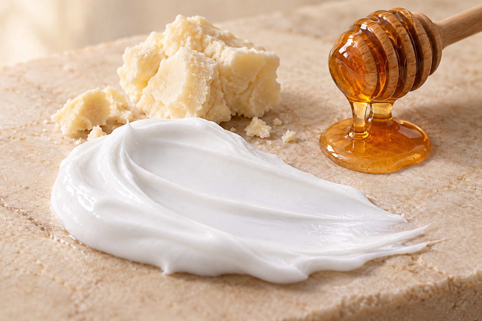 White face cream texture with raw shea butter and honey.