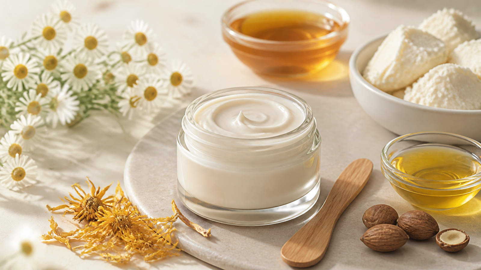 Face cream with chamomile, calendula, apricot oil, shea butter, and honey.