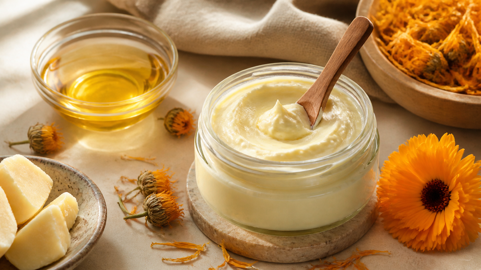 Body cream with calendula flowers, apricot kernel oil, and shea butter.