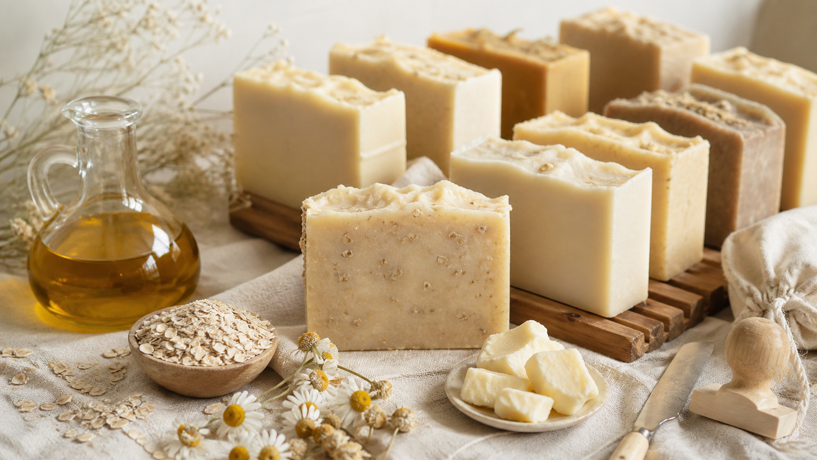 Handmade soap bars with olive oil, shea butter, oatmeal, and chamomile.