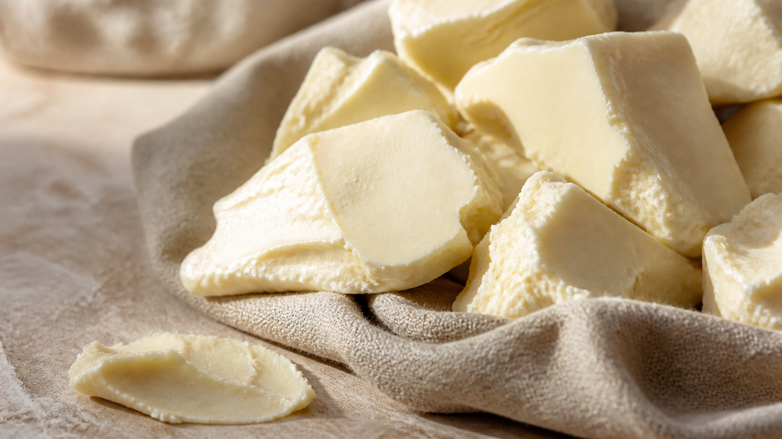 Raw shea butter pieces on natural linen.