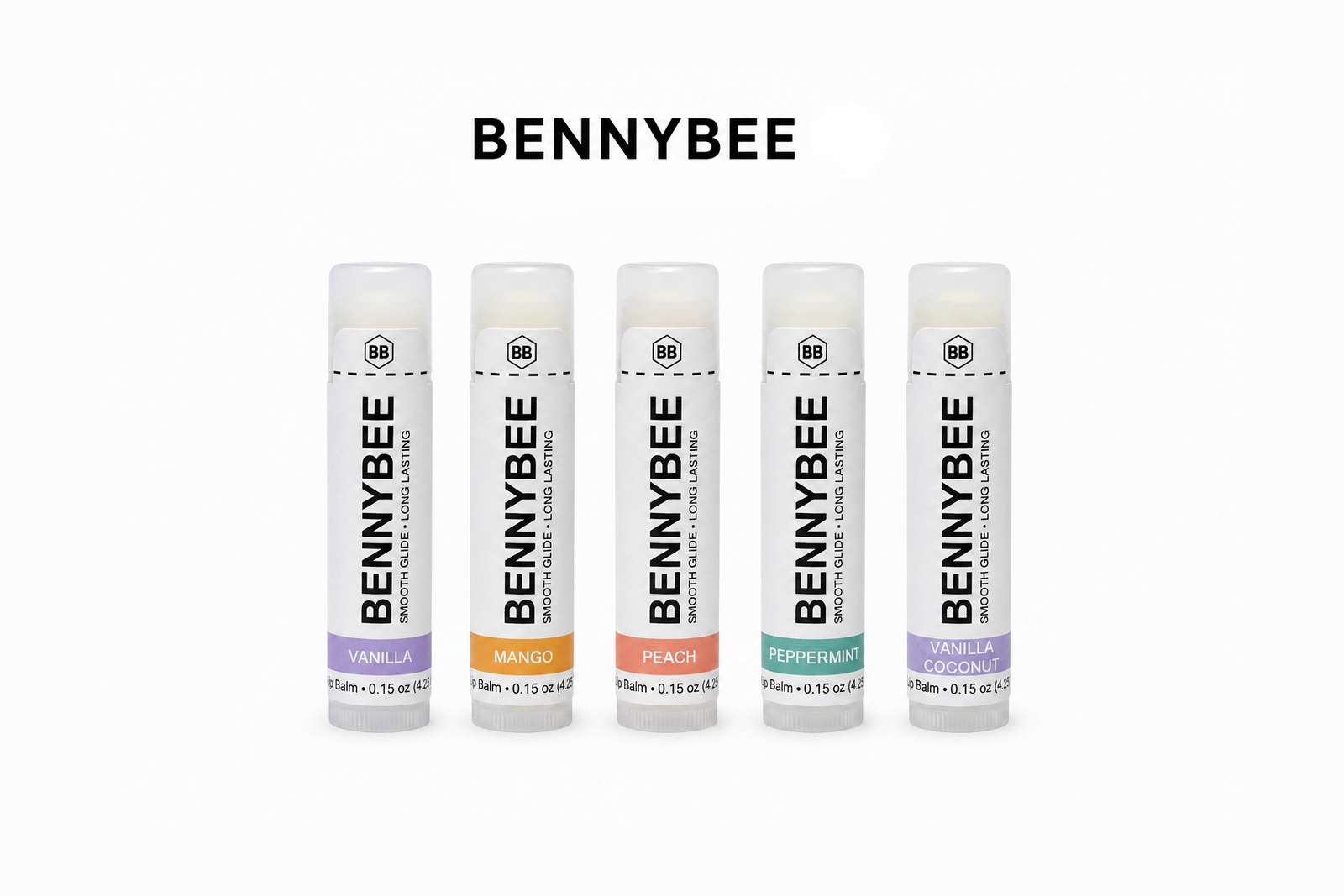 Five BennyBee lip balms in a clean product lineup.
