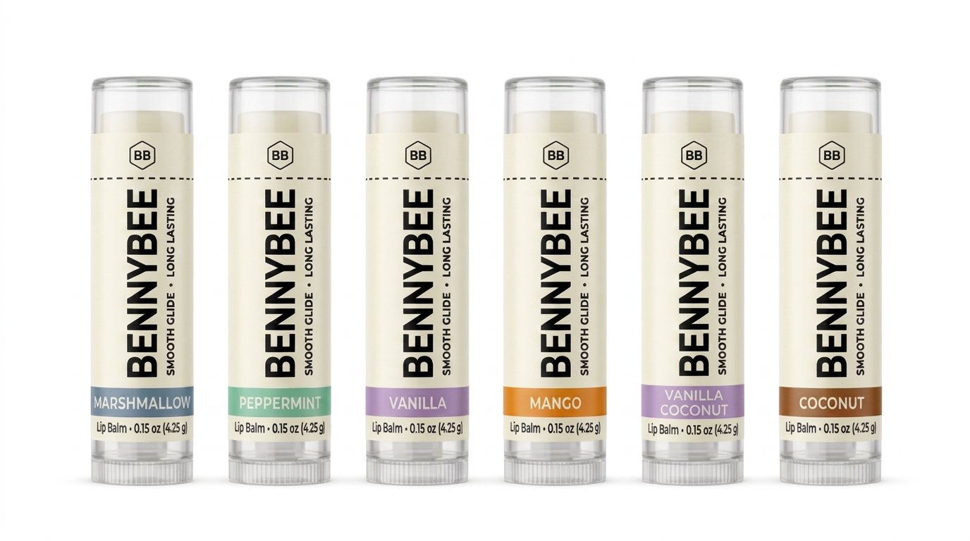 Finished BennyBee lip balms arranged in a clean product lineup.