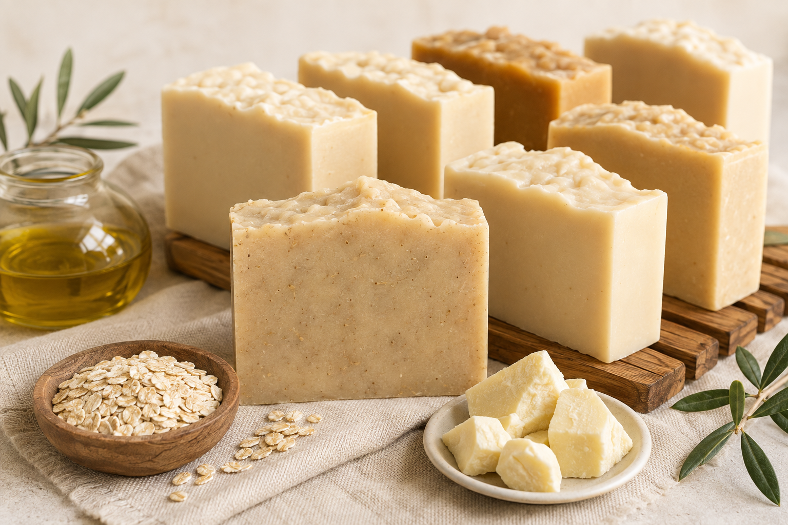 BennyBee olive and shea soap bars with their featured oils, butter and oats.
